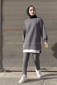 Modalamelif Eteği  Garnili Balon Kol İkili Takım Gri