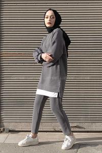 Modalamelif Eteği  Garnili Balon Kol İkili Takım Gri