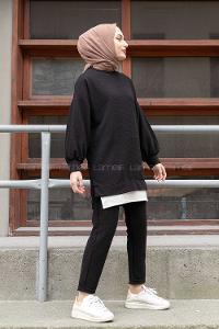 Modalamelif Eteği  Garnili Balon Kol İkili Takım Siyah