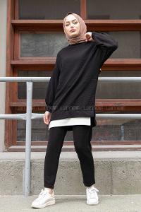 Modalamelif Eteği  Garnili Balon Kol İkili Takım Siyah