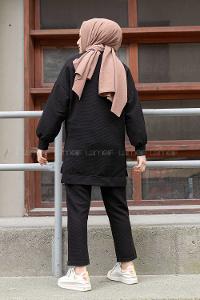 Modalamelif Eteği  Garnili Balon Kol İkili Takım Siyah