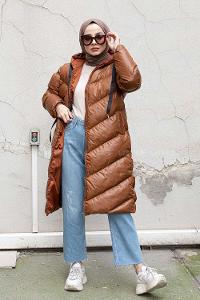 Modalamelif Kapşonlu Şişme Mont Taba