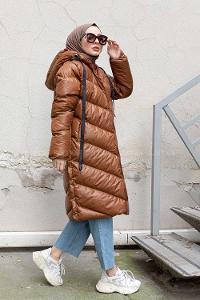 Modalamelif Kapşonlu Şişme Mont Taba