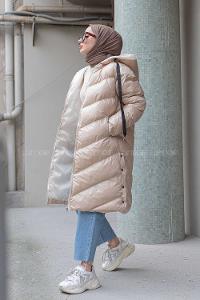 Modalamelif Kapşonlu Şişme Mont Sütlü Kahve