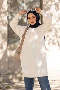 Modalamelif Bisiklet Yaka Balon Kol Uzun Tunik Beyaz