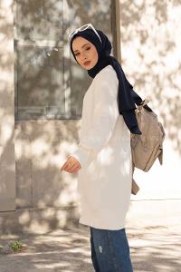 Modalamelif Bisiklet Yaka Balon Kol Uzun Tunik Beyaz