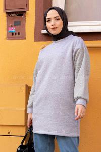 lif Kolları Kapitone  Sweatshirt Gri