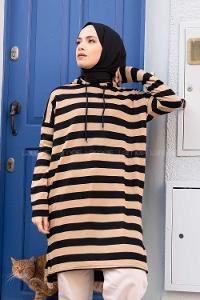 Modalamelif  Çizgili Triko Kapşonlu Tunik Camel