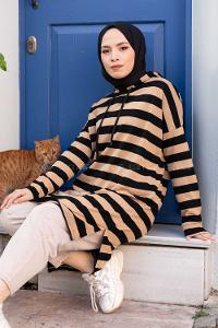 Modalamelif  Çizgili Triko Kapşonlu Tunik Camel
