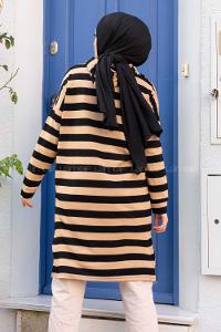 Modalamelif  Çizgili Triko Kapşonlu Tunik Camel