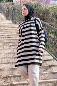 Modalamelif  Çizgili Triko Kapşonlu Tunik Taş
