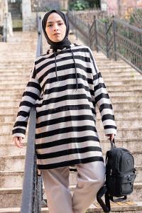 Modalamelif  Çizgili Triko Kapşonlu Tunik Taş