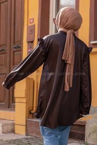 Modalamelif Deri Görünümlü Fırfırlı Gömlek Acı Kahve