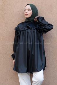 Modalamelif Deri Görünümlü Fırfırlı Gömlek Siyah