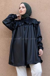 Modalamelif Deri Görünümlü Fırfırlı Gömlek Siyah