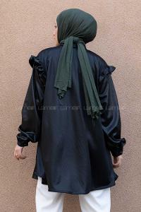 Modalamelif Deri Görünümlü Fırfırlı Gömlek Siyah