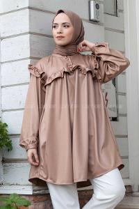 Modalamelif Deri Görünümlü Fırfırlı Gömlek Sütlü Kahve