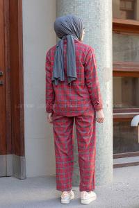 Modalamelif Ekose Desen İkili Pijama Takım Kırmızı