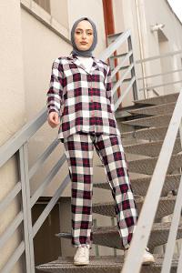 Modalamelif Ekose Desen İkili Pijama Takım Lacivert Bordo