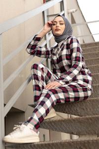 Modalamelif Ekose Desen İkili Pijama Takım Lacivert Bordo