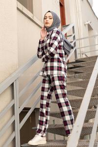 Modalamelif Ekose Desen İkili Pijama Takım Lacivert Bordo