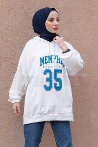 Modalamelif Kapşonlu Memphis Baskılı Sweatshirt Ekru