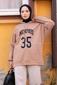 Modalamelif Kapşonlu Memphis Baskılı Sweatshirt Sütlü Kahve