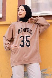 Modalamelif Kapşonlu Memphis Baskılı Sweatshirt Sütlü Kahve