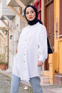Modalamelif Önü Düğmeli Balon Kol Gömlek Ekru