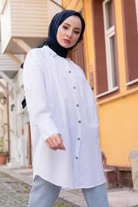 Modalamelif Önü Düğmeli Balon Kol Gömlek Ekru
