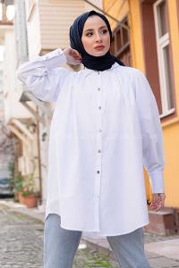 Modalamelif Önü Düğmeli Balon Kol Gömlek Ekru