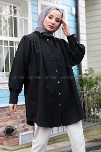 Modalamelif Önü Düğmeli Balon Kol Gömlek Siyah