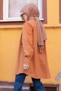 Modalamelif Önü Düğmeli Balon Kol Gömlek Taba