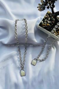 Modalamelif Gümüş Zincir Beyaz Kilit Kolye