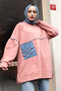 Modalamelif Kot Cep Ara Biyeli Sweatshirt Pudra