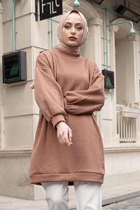 Lamelif  Üç İplik Balon Kol Tunik Acı Kahve