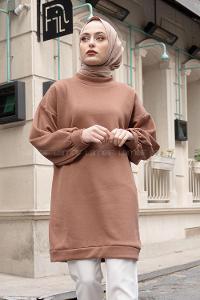 Lamelif  Üç İplik Balon Kol Tunik Acı Kahve