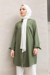 Dark Green Shirt Collar Long Arm Cotton Fabric Unprinted Shirt