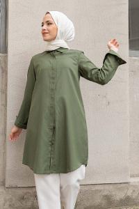 Dark Green Shirt Collar Long Arm Cotton Fabric Unprinted Shirt