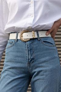 Modalamelif Hasır Örgü Tokalı Altın Sarısı Kemer Beyaz