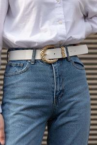 Modalamelif Hasır Örgü Tokalı Altın Sarısı Kemer Beyaz