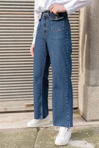 Lamelif Ön Kapak Cepli Mom Jean Koyu Mavi