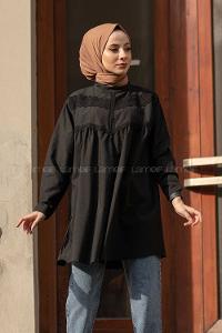 Modalamelif Güpürlü Poplin Gömlek Siyah