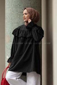 Modalamelif Kol Lastikli Fırfır Nakışlı Tunik Siyah