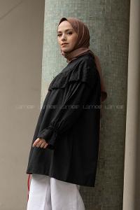 Modalamelif Kol Lastikli Fırfır Nakışlı Tunik Siyah