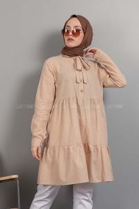 Modalamelif Yaka Bağlamalı Fırfırlı Tunik Sütlü Kahve