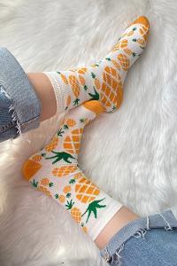 Modalamelif Ananas İşlemeli Soket Çorap Beyaz