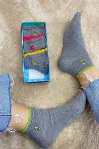 Modalamelif İşlemeli 4 lü Soket Çorap Gri