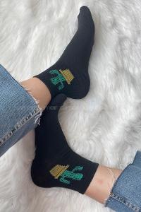 Modalamelif Kaktüs Nakışlı Soket Çorap Siyah