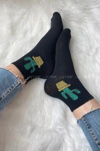 Modalamelif Kaktüs Nakışlı Soket Çorap Siyah